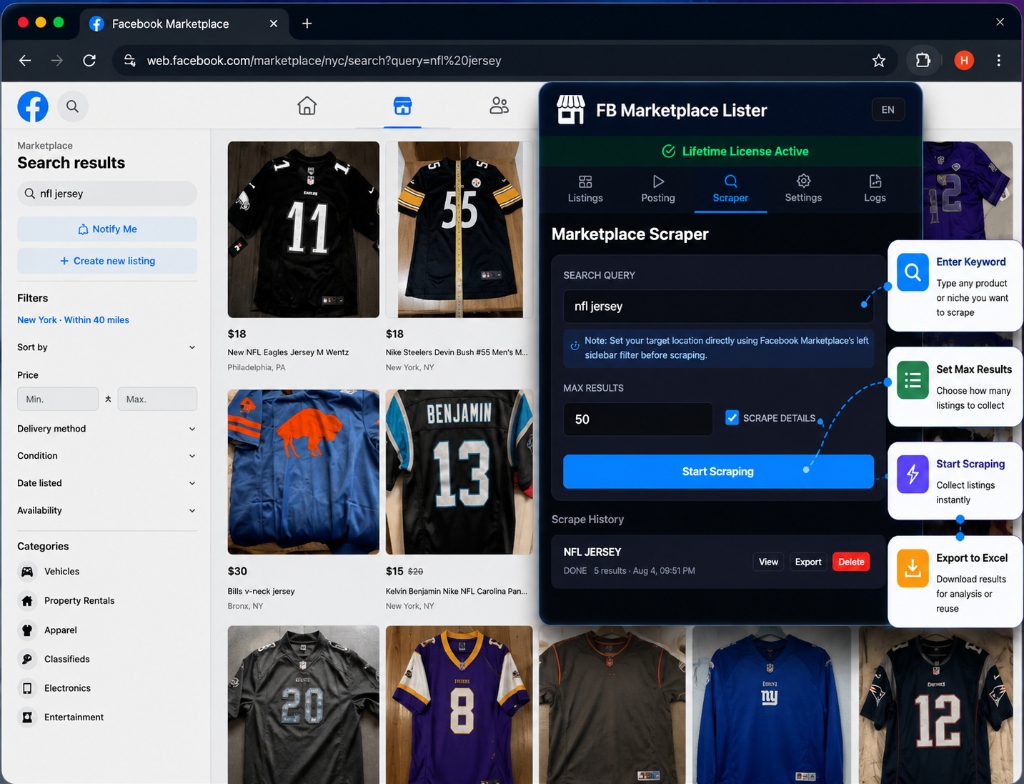 Marketplace Scraper — search any keyword, set max results, export to Excel